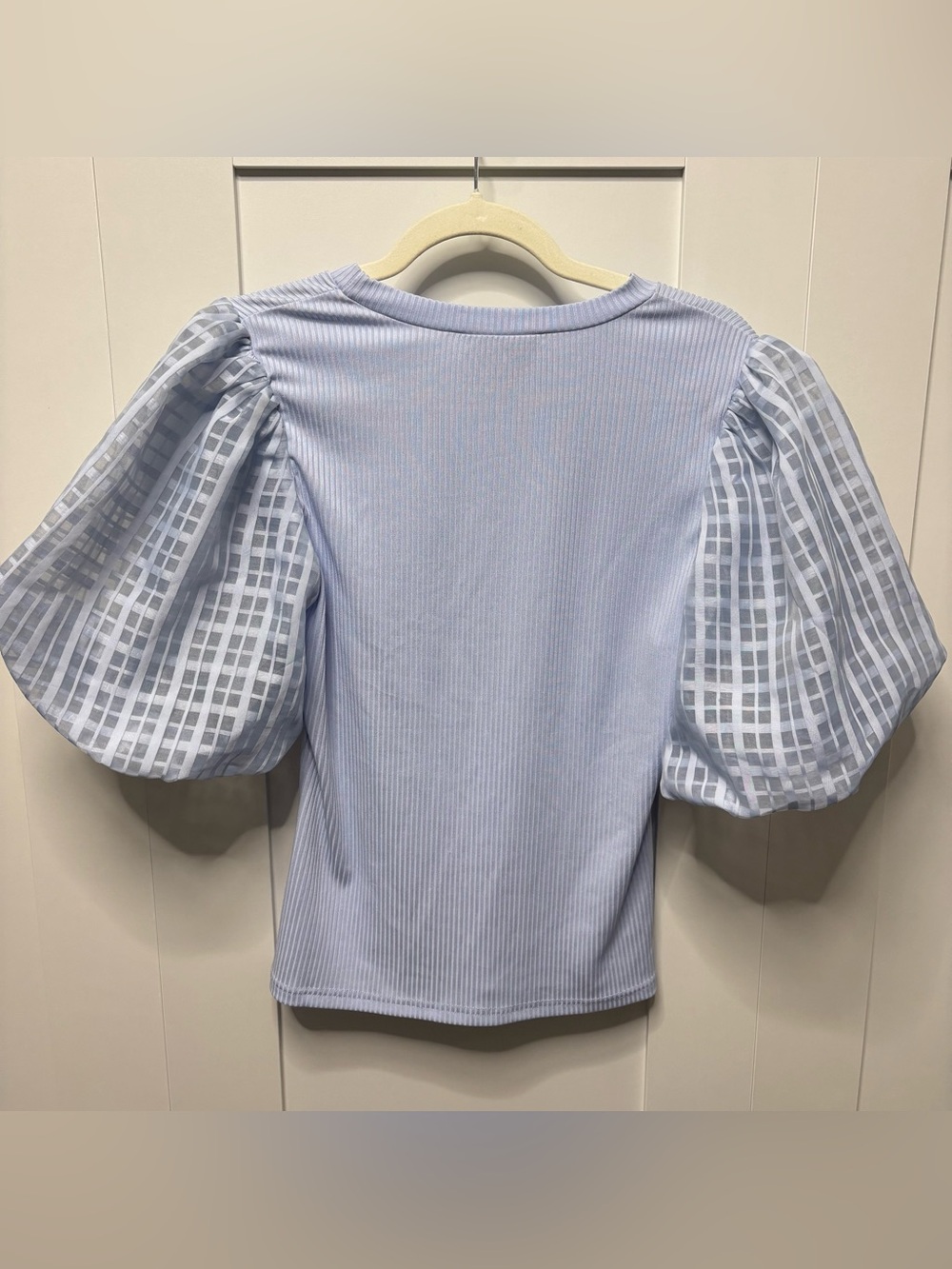 Flying Tomato Light Blue Ribbed Top with Puff Checked Sleeves - Picture 5 of 6